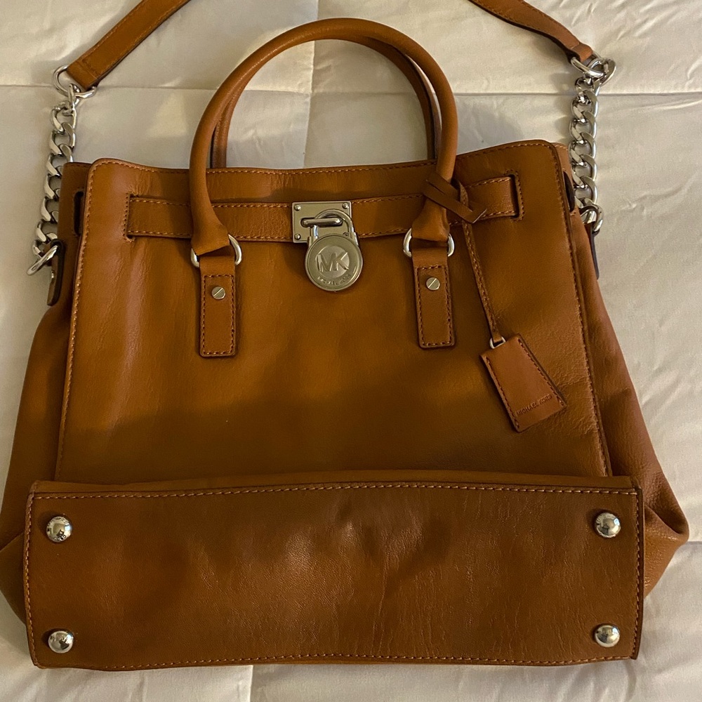 Michael Kors Large Luggage Brown Leather Hamilton Bag with Silver Detail